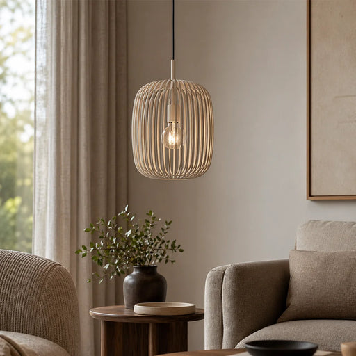 elevenpast pendant light Slatted Steel Cage 1 Light Pendant in Cream P1356 9008606244300