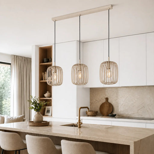 elevenpast pendant light Slatted Steel Cage 3 Light Linear Pendant in Cream P1357 9008606244317