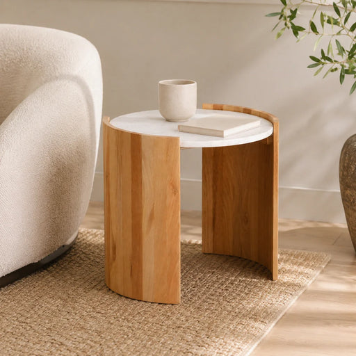 elevenpast Side Table Round Marble Top Acacia Wood Side Table PC081
