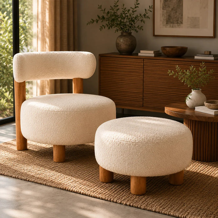 elevenpast Occasional Chair Cream Bouclé Fabric and Wood Ottoman PC4037