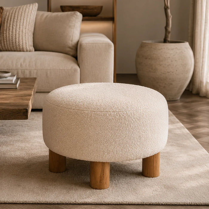 elevenpast Occasional Chair Cream Bouclé Fabric and Wood Ottoman PC4037