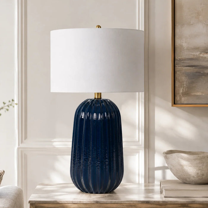 Pepino Ceramic Navy Lamp - White Scallop | Linen Shade 