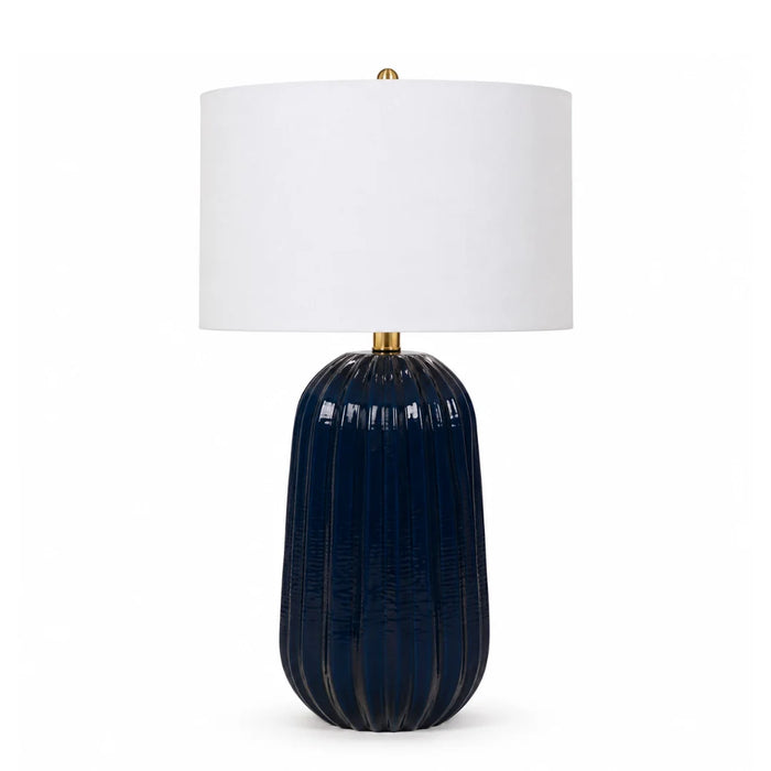 elevenpast Table Lamp White Drum Linen Pepino Ceramic Navy Lamp - White Scallop | Linen Shade RG10690LS