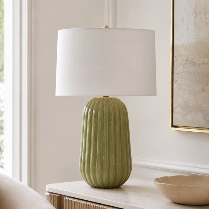 elevenpast Table Lamp Pepino Ceramic Sage Lamp - Linen Shade in White RG10692LS