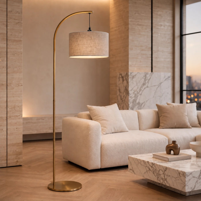 Benny Gold Arch Floor Lamp with Linen Shade