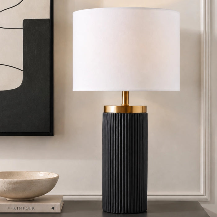 Frida Black Fluted Table Lamp with White Linen Shade