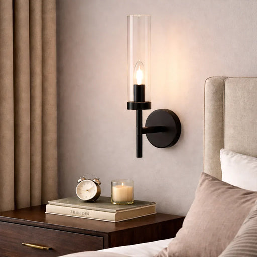 elevenpast Wall Light Black Modern Wall Light for Bedroom – Clear Glass Cylinder WB237 BLACK 6007226091137