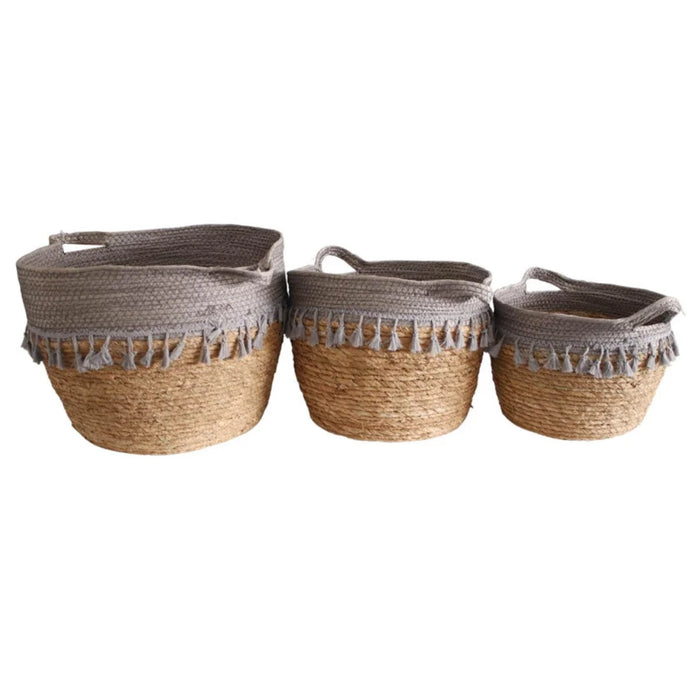 elevenpast woven basket set Set of 3 Weaved Baskets - Grey Top And Tassels YT202217